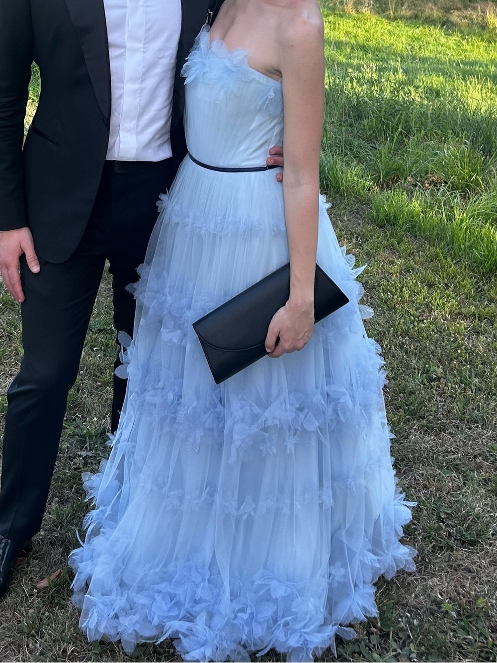 Marchesa Notte Light Blue Strapless Tulle Gown with 3D Floral Appliqués